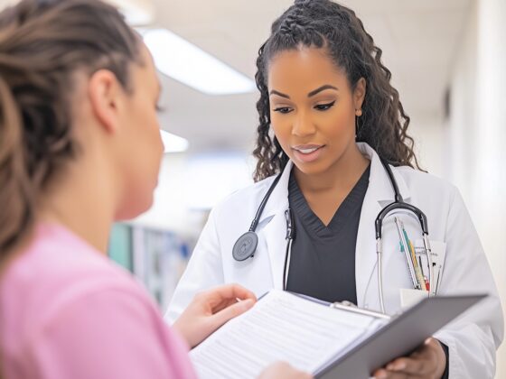 The image depicts two women in a medical setting, with one appearing to be a doctor and the other a patient. The doctor, dressed in a white coat with a stethoscope around her neck, is holding a clipboard and looking attentively at the patient. The patient, whose face is slightly out of focus, is holding a document and seems to be discussing it with the doctor. The background is blurred, emphasizing the interaction between the two main subjects. The doctor's expression is professional and engaged, suggesting a serious and focused conversation. The overall color palette is neutral, with the white coat and the soft lighting contributing to a calm and clinical atmosphere.