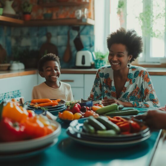 Femme préparant un repas sain avec des aliments anti-inflammatoires essentiels pour femmes après 45 ans ; des légumes frais et fruits rouges avec son fils