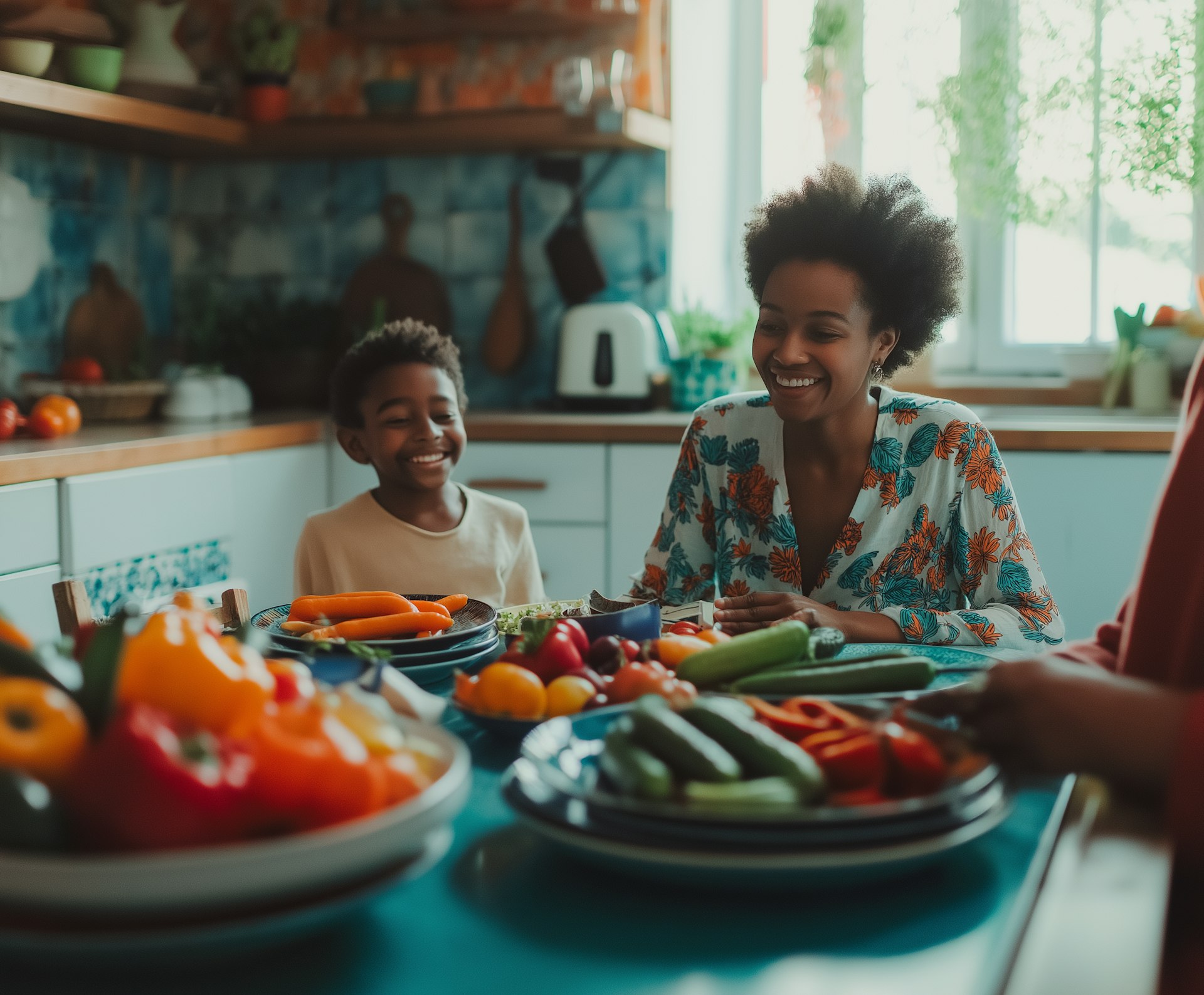 Femme préparant un repas sain avec des aliments anti-inflammatoires essentiels pour femmes après 45 ans ; des légumes frais et fruits rouges avec son fils