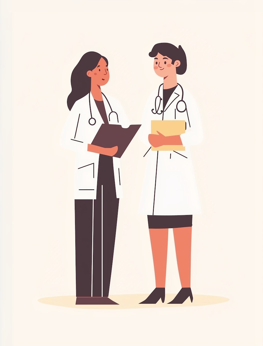 The image features two female figures in a professional medical setting, rendered in an illustration style with a soft, muted color palette dominated by shades of white, tan, black, and a touch of orange. The character on the left is depicted standing upright, holding a clipboard, illustrating a sense of leadership or authority, and is dressed in a white lab coat, showcasing a confident demeanor with her calm, smiling facial expression. The figure on the right, also in a white lab coat and holding a file or folder, exhibits a complimentary persona with a friendly smile, suggesting cooperation and teamwork. Both characters are simplified in style with no intricate details, exuding a friendly, approachable air.