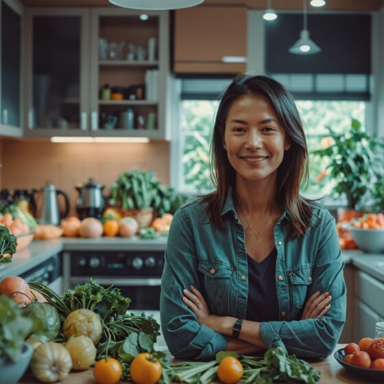 Femme souriante préparant un repas sain avec des légumes frais