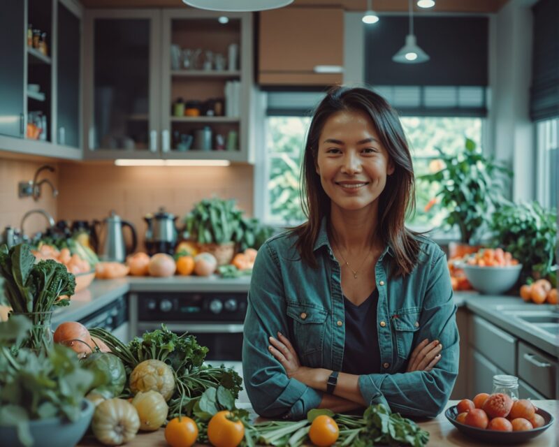 Femme souriante préparant un repas sain avec des légumes frais