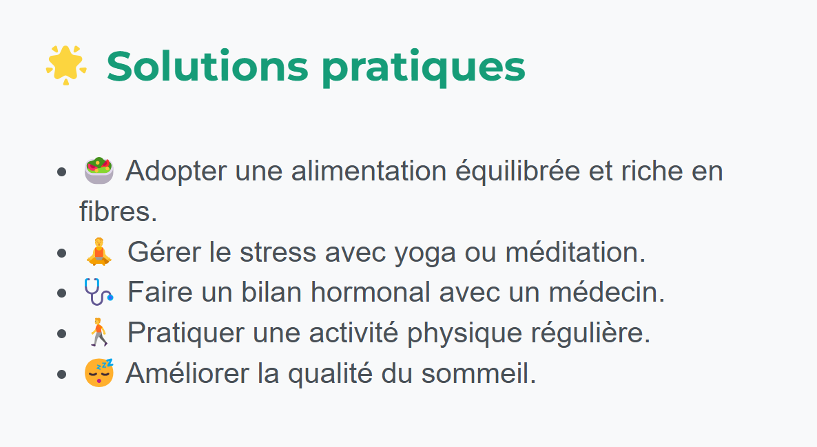 Infographie sur les solutions pratiques pour gérer la prise de poids hormonale. Les étapes incluent : adopter une alimentation équilibrée et riche en fibres, gérer le stress avec des techniques comme le yoga ou la méditation, faire un bilan hormonal avec un médecin, pratiquer une activité physique régulière, améliorer la qualité du sommeil, et limiter les aliments transformés au profit de repas faits maison.