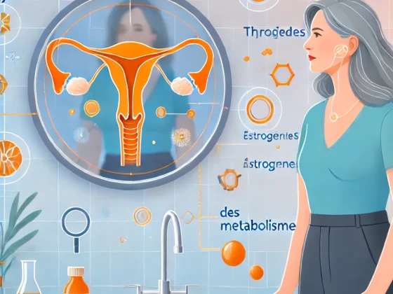 Une infographie moderne représentant l'utérus et les hormones féminines est affichée dans une cuisine ou un laboratoire. Des éléments visuels comme des flacons, des molécules et des légendes (œstrogènes, thyroïde) entourent le schéma central. Une femme aux cheveux gris se tient à droite, observant l'infographie.