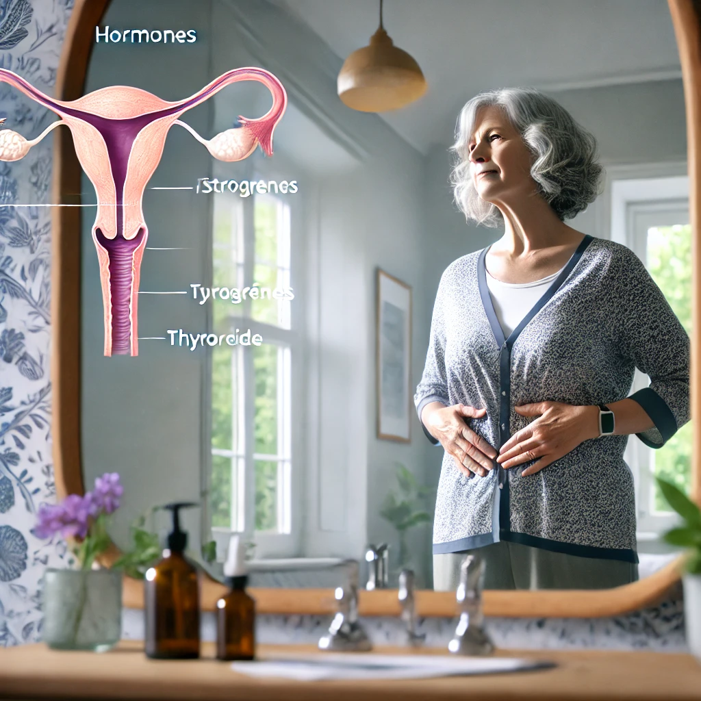 Une femme âgée (environ 60-70 ans) se tient devant un miroir dans une salle de bain bien éclairée, observant son corps avec une expression préoccupée. Elle touche légèrement son ventre, illustrant les effets des changements hormonaux sur le poids. À côté du miroir, une infographie médicale montre l’influence des hormones, comme les œstrogènes et la thyroïde, sur le métabolisme. L’ambiance est réaliste et naturelle.