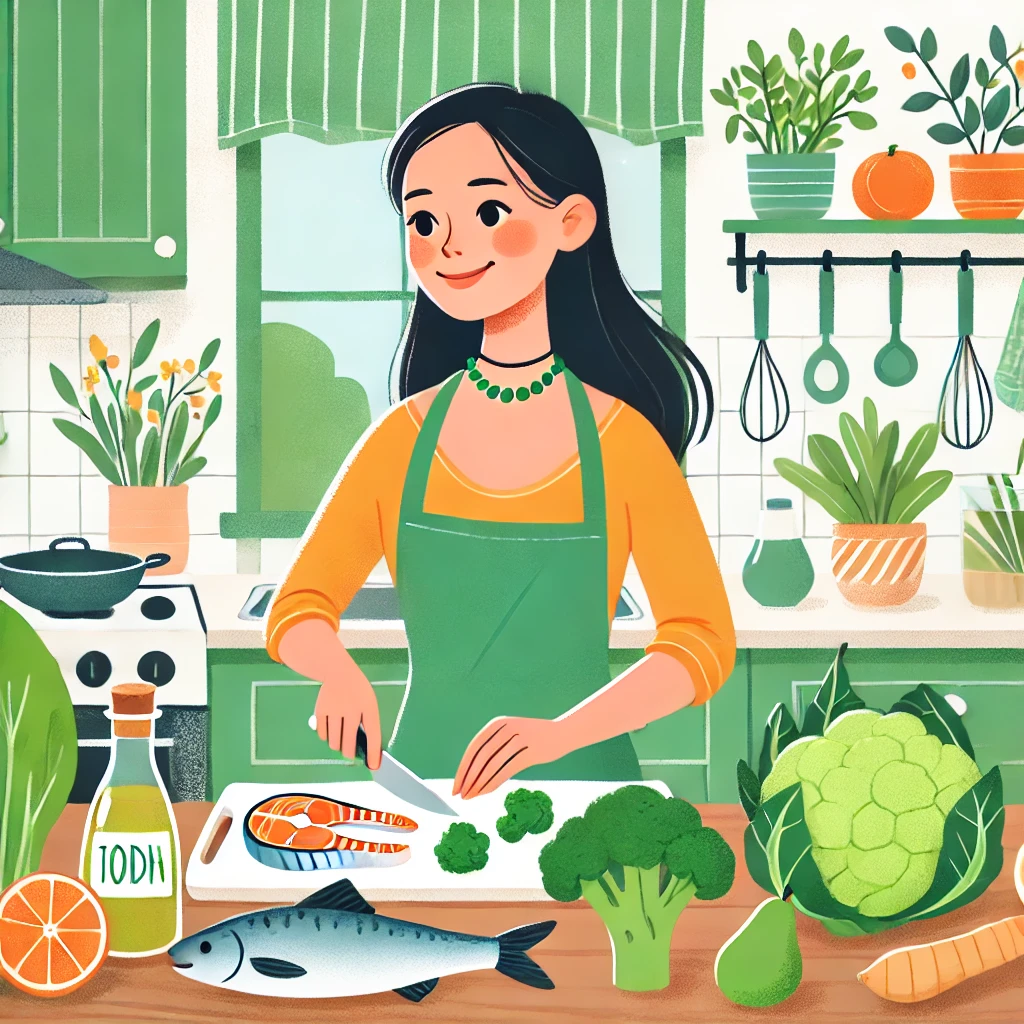 Femme préparant un repas sain avec des légumes verts, poisson et fruits riches en iode