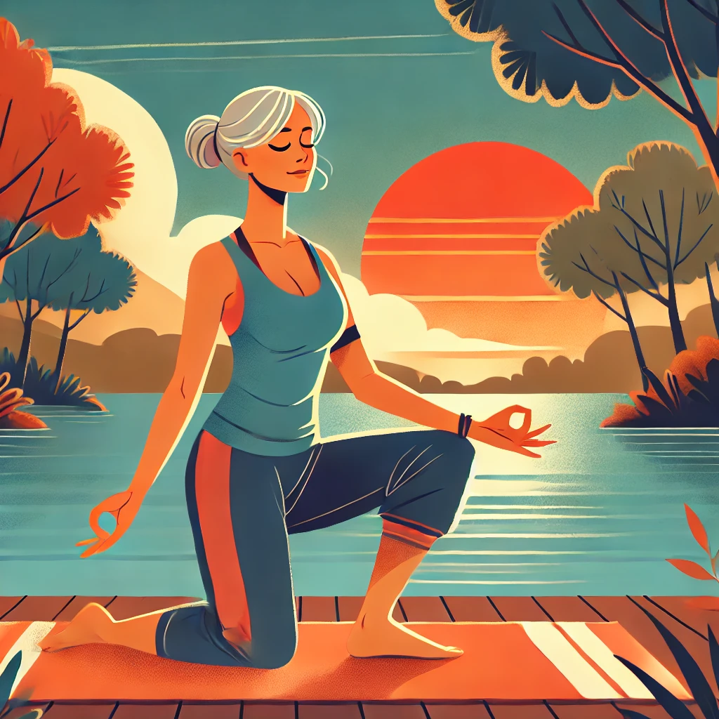 Femme pratiquant le yoga sur un tapis dans un salon lumineux, en tenue confortable