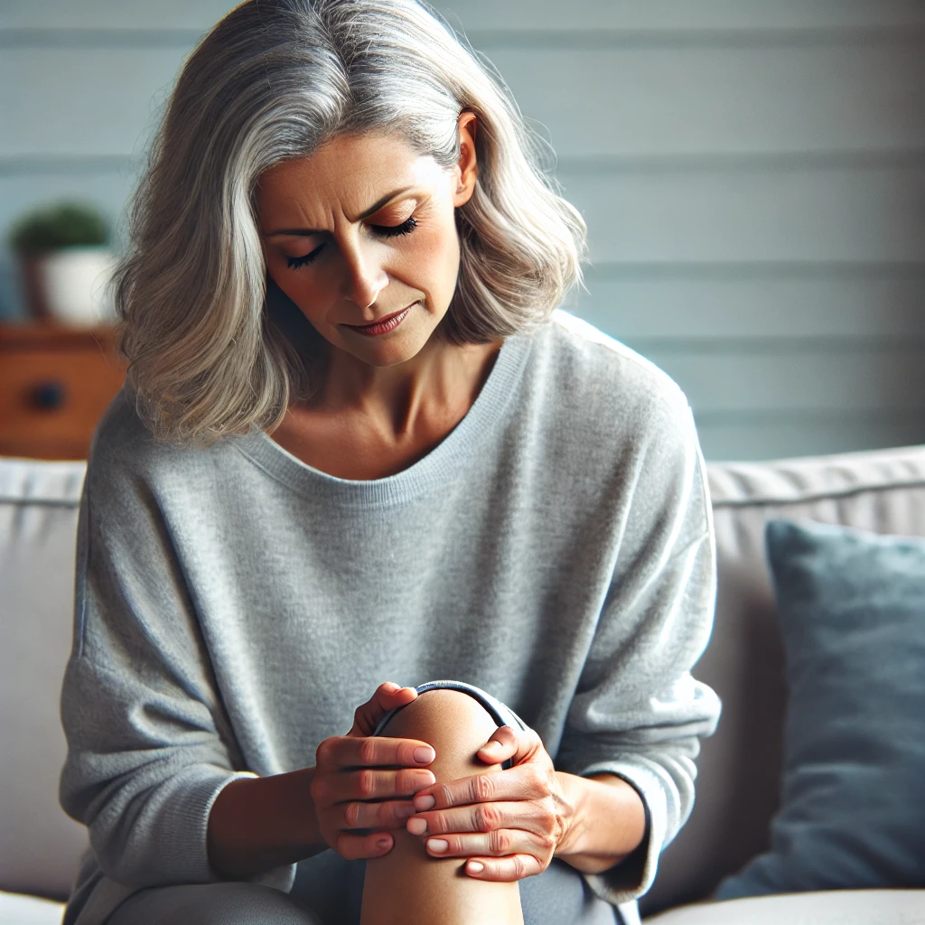 Femme assise sur un canapé tenant son genou avec une expression de douleur, illustrant une gêne articulaire au genou.