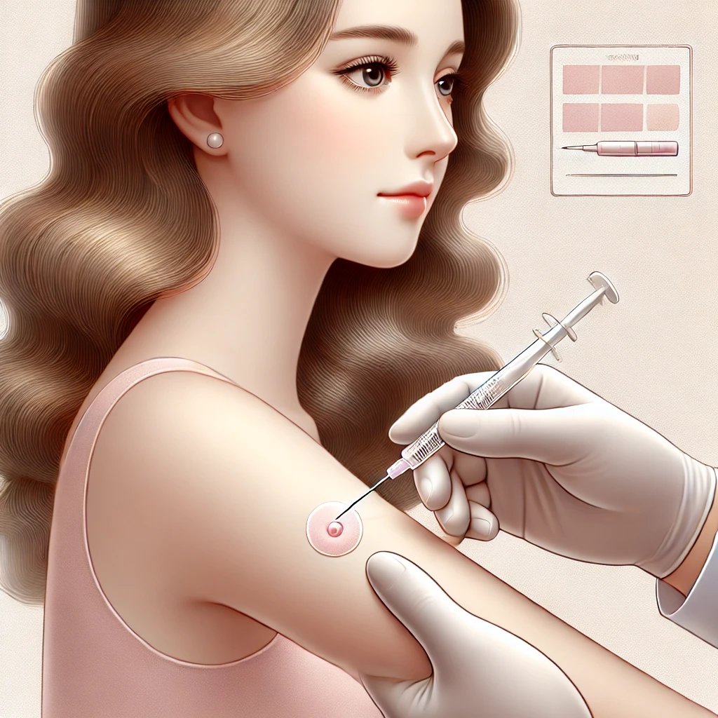 Illustration d’un test cutané à la tuberculine sur l’avant-bras d’une femme, dans un environnement médical propre et doux