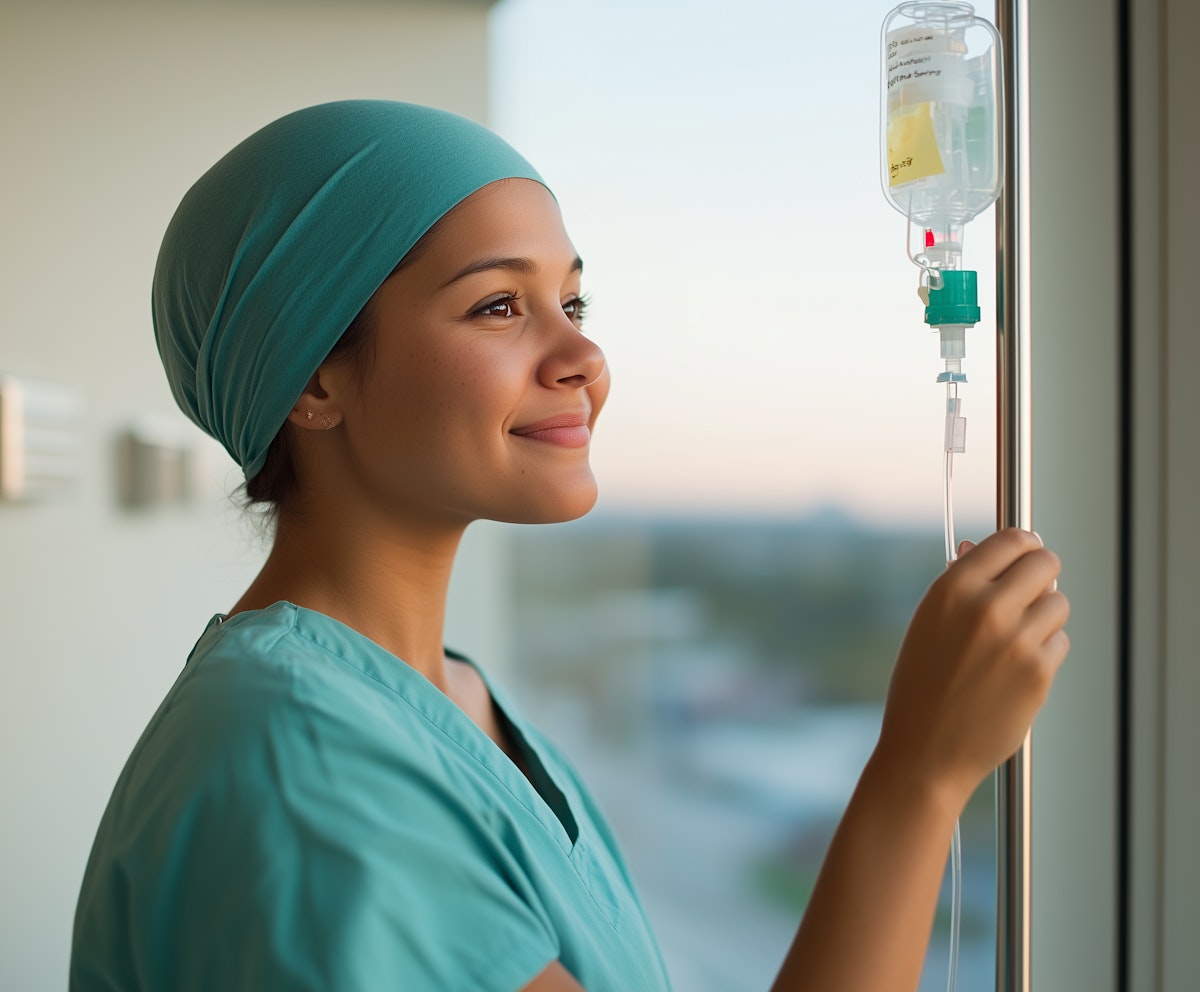 Une professionnelle de santé portant une tenue médicale verte et un bonnet assorti se tient près d'une fenêtre. Elle ajuste ou tient une perfusion intraveineuse suspendue à un support métallique, tandis que l'arrière-plan flou montre un paysage urbain à la lumière du jour.