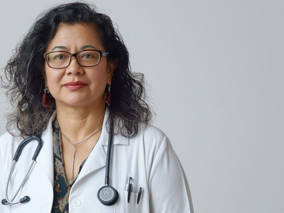 Confident female doctor with glasses and stethoscope, wearing a white lab coat against a plain background.