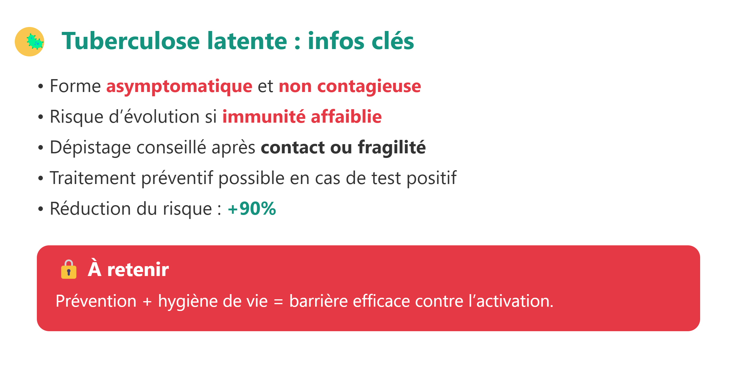 Infographie compacte présentant les informations clés sur la tuberculose latente : forme asymptomatique et non contagieuse, risque d’évolution en cas d’immunité faible, dépistage conseillé, traitement préventif possible avec 90 % de réduction du risque. Encadré rouge insistant sur l’importance de la prévention et d’un mode de vie sain.