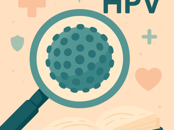 Illustration carrée du virus HPV observé au microscope, avec symbole de livre, cœur, croix médicale et fond pastel rassurant