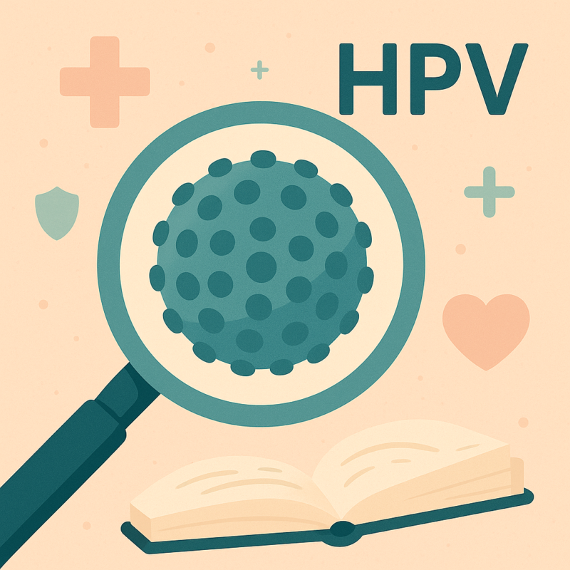 Illustration carrée du virus HPV observé au microscope, avec symbole de livre, cœur, croix médicale et fond pastel rassurant
